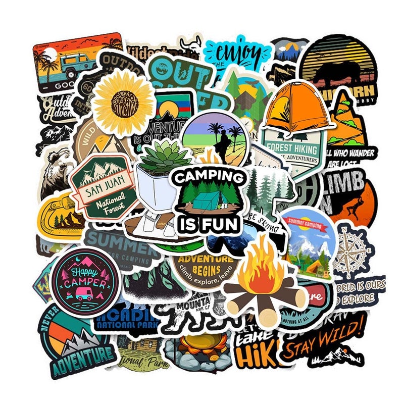 FNGEEN 100pcs Outdoor Camping Hiking Adventure Stickers, Wilderness Nature Travel Camper Stickers for Water Bottle Laptop Luggage Cup, Waterproof Summer Camp Stickers Decals for Adults Teens Girls Boys Kids - Image 1